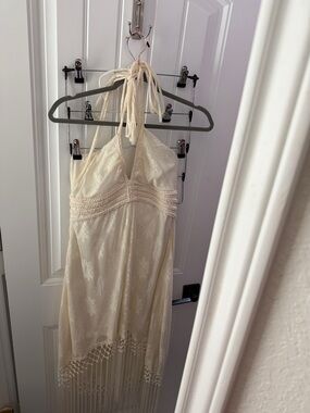 VENUS Cream Halter Midi Dress with Fringe